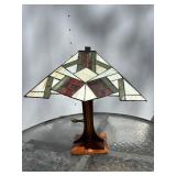 Deco Stained Glass Tiffany Style Table Lamp w/Matching Art Deco Wood Base