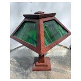 Lovely Orig Antique Arts & Crafts Oak Table Lamp w/Green Slag Glass Shade