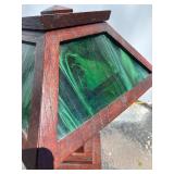 Lovely Orig Antique Arts & Crafts Oak Table Lamp w/Green Slag Glass Shade