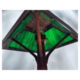Lovely Orig Antique Arts & Crafts Oak Table Lamp w/Green Slag Glass Shade