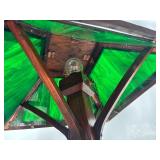 Lovely Orig Antique Arts & Crafts Oak Table Lamp w/Green Slag Glass Shade
