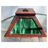 Lovely Orig Antique Arts & Crafts Oak Table Lamp w/Green Slag Glass Shade