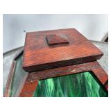 Lovely Orig Antique Arts & Crafts Oak Table Lamp w/Green Slag Glass Shade
