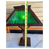 Lovely Orig Antique Arts & Crafts Oak Table Lamp w/Green Slag Glass Shade