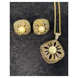 925 Sterling Marcasite & Pearl Necklace/Earring Set