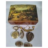 Vintage Reuge Jewelry/Music Box w/Assorted Scart & Shoe Clips