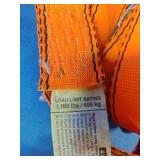 2 Good Year Orange tie-down straps feature heavy-duty metal ratchets for securing cargo. 1100 Pound Rating