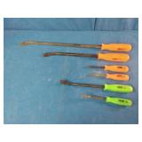 Grip brand pry bar set featuring both orange and green handled tools for high visibility.