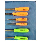 Grip brand pry bar set featuring both orange and green handled tools for high visibility.
