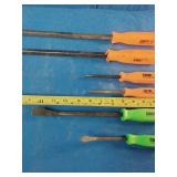Grip brand pry bar set featuring both orange and green handled tools for high visibility.