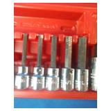 Proto J4900A hex bit socket set featuring 10 pieces stored in a red blow-molded case.