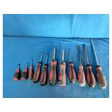 Mac Tools screwdrivers with red and black handles.