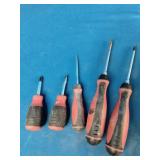 Mac Tools screwdrivers with red and black handles.