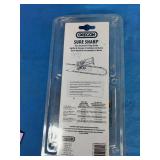 Oregon 23820 Sure Sharp manual chainsaw filing guide, featuring a black and red design for precision sharpening.