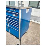 Snap-on Classic Series  KRL1032 triple-bank roll cab tool box in royal blue, equipped with a heavy-duty stainless steel work surface