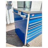 Snap-on Classic Series  KRL1032 triple-bank roll cab tool box in royal blue, equipped with a heavy-duty stainless steel work surface
