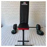 weight bench, bar and plates