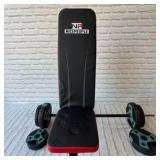 weight bench, bar and plates