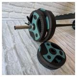 weight bench, bar and plates