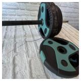 weight bench, bar and plates