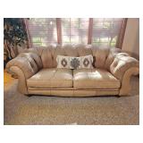Cream Tufted Leather Sofa with Rolled Arms