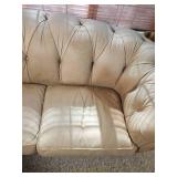 Cream Tufted Leather Sofa with Rolled Arms