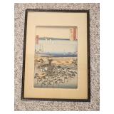 Framed Japanese Woodblock Style Harbor Scene Print
