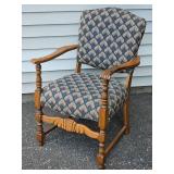 Carved Wood Armchair with Patterned Upholstery