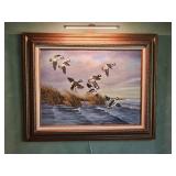 M. Holmes Original Framed Flying Mallard Painting with Picture Light