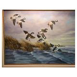 M. Holmes Original Framed Flying Mallard Painting with Picture Light