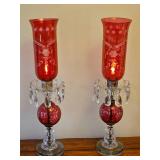 Pair of Ruby Red Glass Hurricane Accent Lamps
