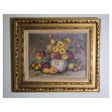Framed Floral Still Life Original Painting with Ornate Gold Tone Frame