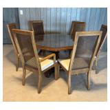 LLR - Vintage Burled Walnut Dining Table & 6 Chairs With Glass Top