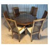 LLR - Vintage Burled Walnut Dining Table & 6 Chairs With Glass Top