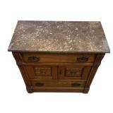 E - Antique Eastlake Victorian Oak Washstand Cabinet Marble Top