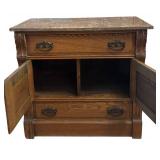 E - Antique Eastlake Victorian Oak Washstand Cabinet Marble Top