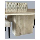 DR - Gorgeous Marble Pedestal Dining Table With 6 Tufted Chairs