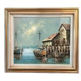 LR - Framed Vintage Impressionist Harbor Seascape Oil on Canvas