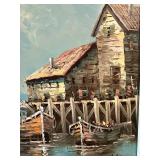 LR - Framed Vintage Impressionist Harbor Seascape Oil on Canvas
