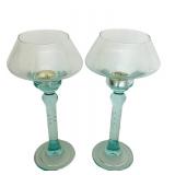 LR - Pair of Aqua Blue Glass Candle Holders