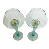 LR - Pair of Aqua Blue Glass Candle Holders