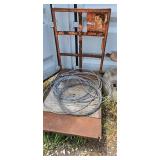 Red industrial carts, cast wheels, 2 swivel, along with some 3/8 cable and roll of wire