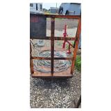 Red industrial carts, cast wheels, 2 swivel, along with some 3/8 cable and roll of wire