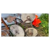 3 Antique Grinding Stone wheels with old metal frame