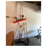 Mixed Garden Tool Lot w Snow Pusher, Shovel, Rake, Sweepers Shears
