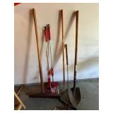 Mixed Garden Tool Lot w Snow Pusher, Shovel, Rake, Sweepers Shears