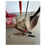 Mixed Garden Tool Lot w Snow Pusher, Shovel, Rake, Sweepers Shears