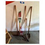 Mixed Garden Tool Lot w Snow Pusher, Shovel, Rake, Sweepers Shears
