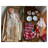 Vintage Doll & Tea Set Lot Bride Doll Japan Porcelain Small Doll Clothes