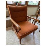 Vintage Upholstered Wingback Armchair Wood Spindle Arms Rust Orange